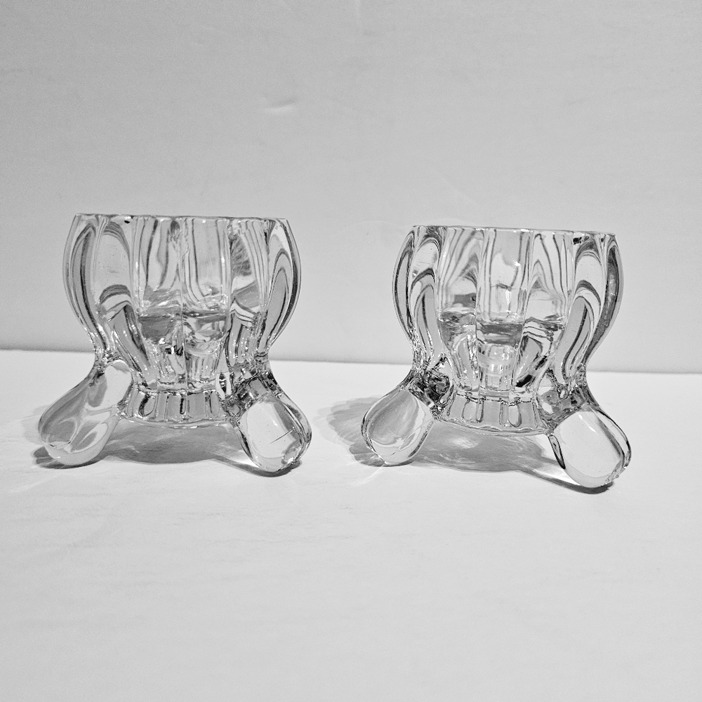 Vintage 1950s Jeanette Glass candle holder pair (2) clear ribbed footed